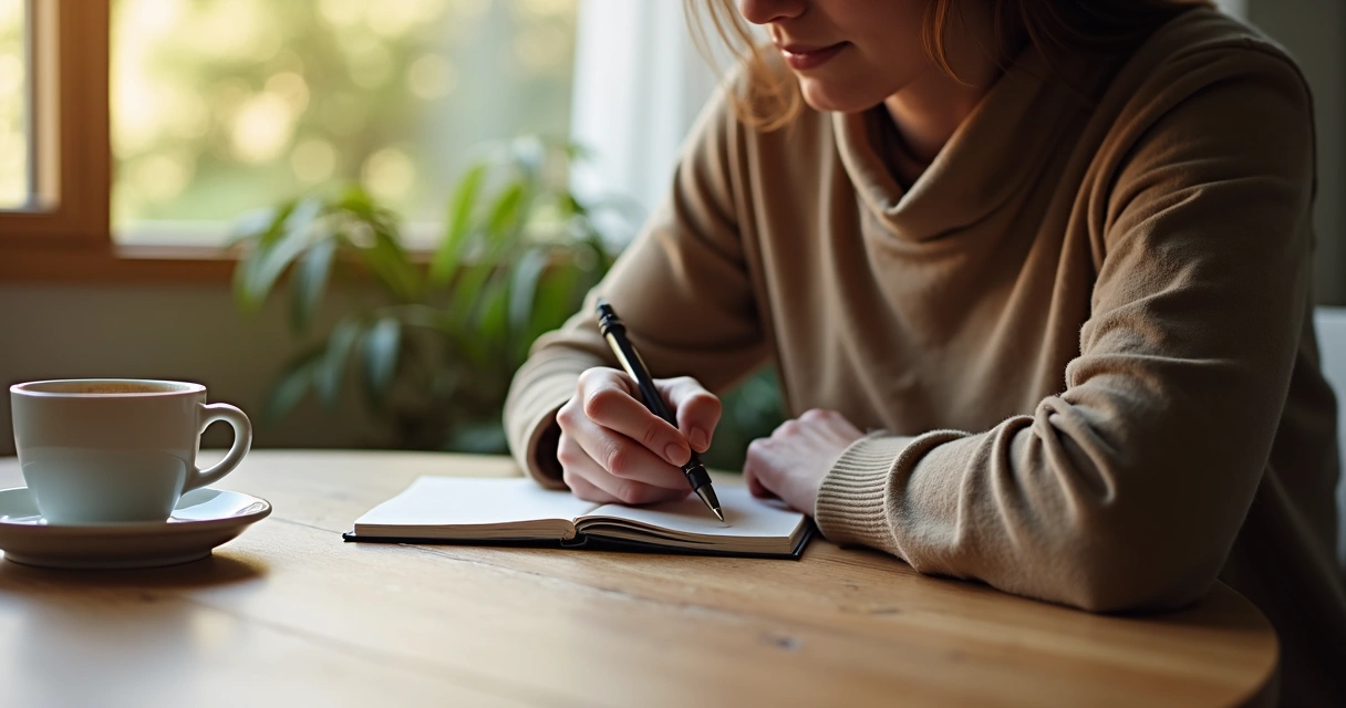 Persona escribiendo en su diario en una mesa tranquila 