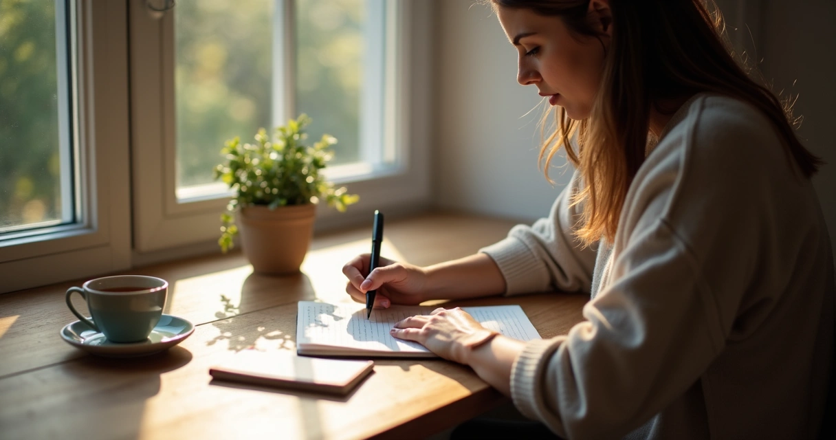Persona escribiendo en un diario junto a una taza y una ventana