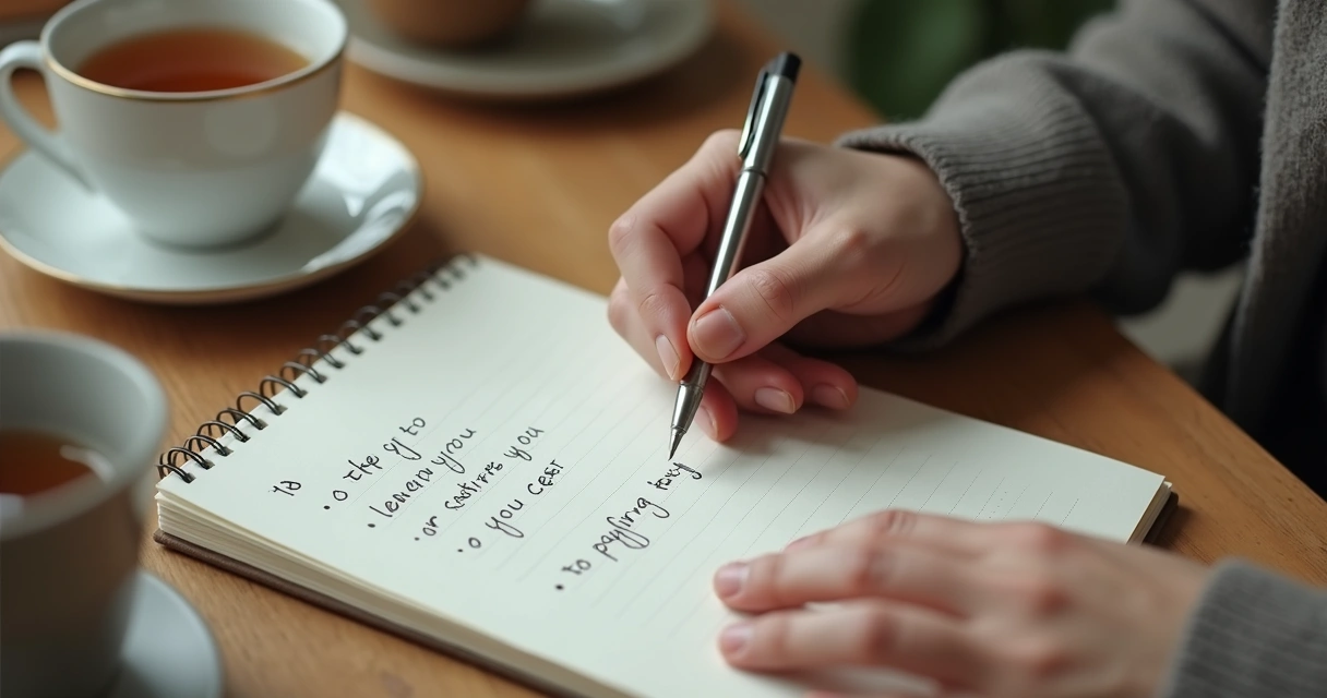 Persona escribiendo emociones en un cuaderno junto a una taza 