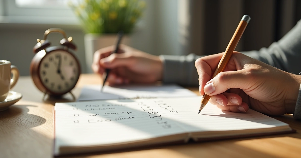 Persona escribiendo en un cuaderno junto a una taza y un reloj 