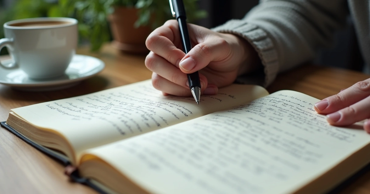 Mano de persona escribiendo en un diario abierto