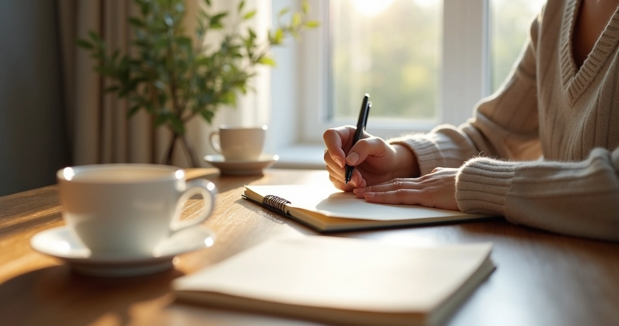 Persona escribiendo en un diario junto a una ventana tranquila