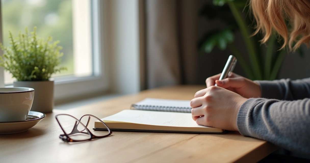 Persona escribiendo en diario junto a taza y ventana con luz suave