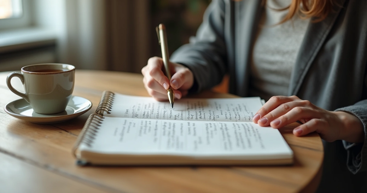 Mano escribiendo en un diario junto a una taza y una ventana 
