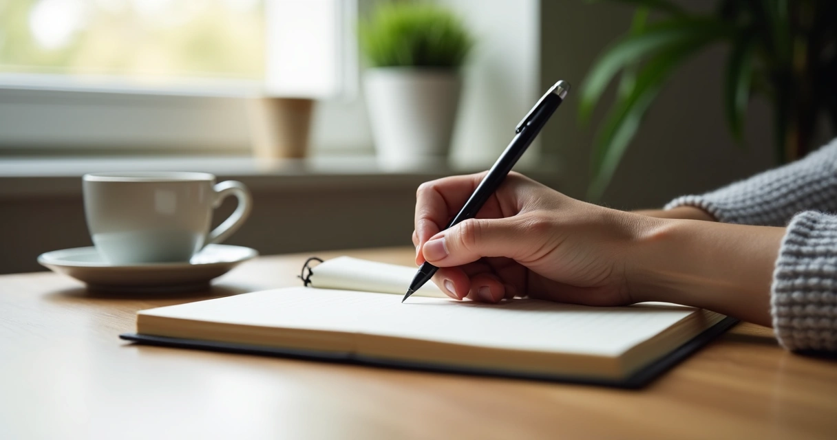 Mano escribiendo en un diario sobre una mesa, fondo con colores neutros. 