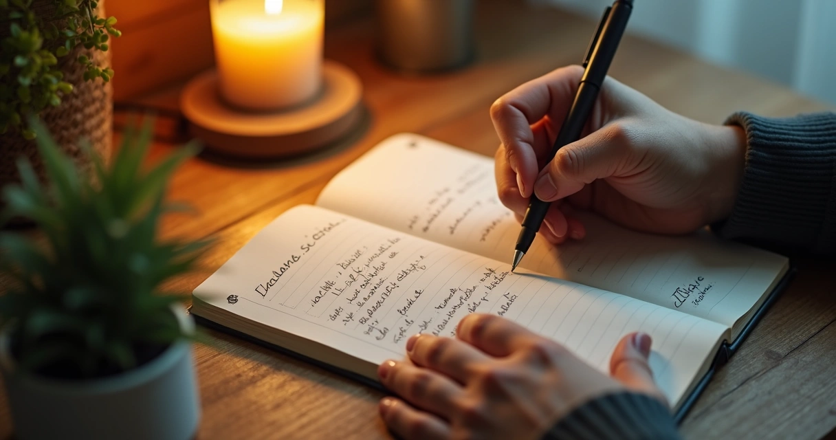 Mano escribiendo en un diario personal sobre emociones