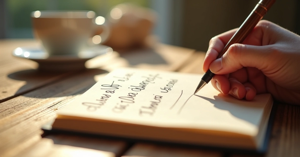 Mano de persona escribiendo en un diario de gratitud junto a una taza de café matutino