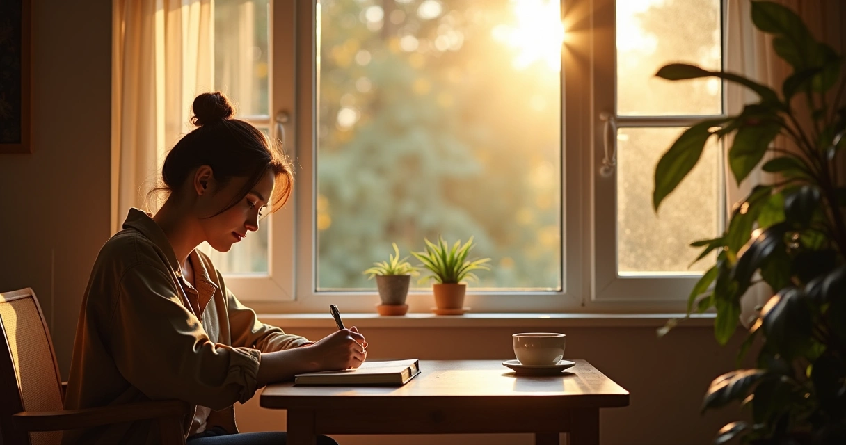 Persona escribiendo en su diario durante la mañana