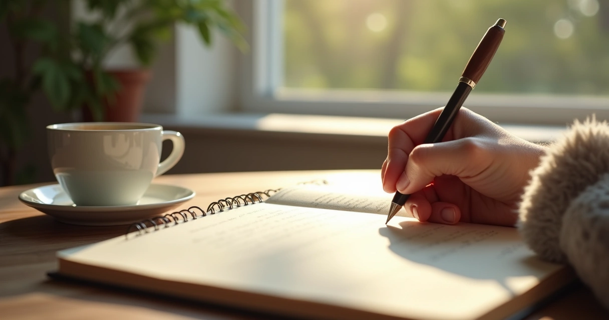Mano de una persona escribiendo en diario con taza a un lado