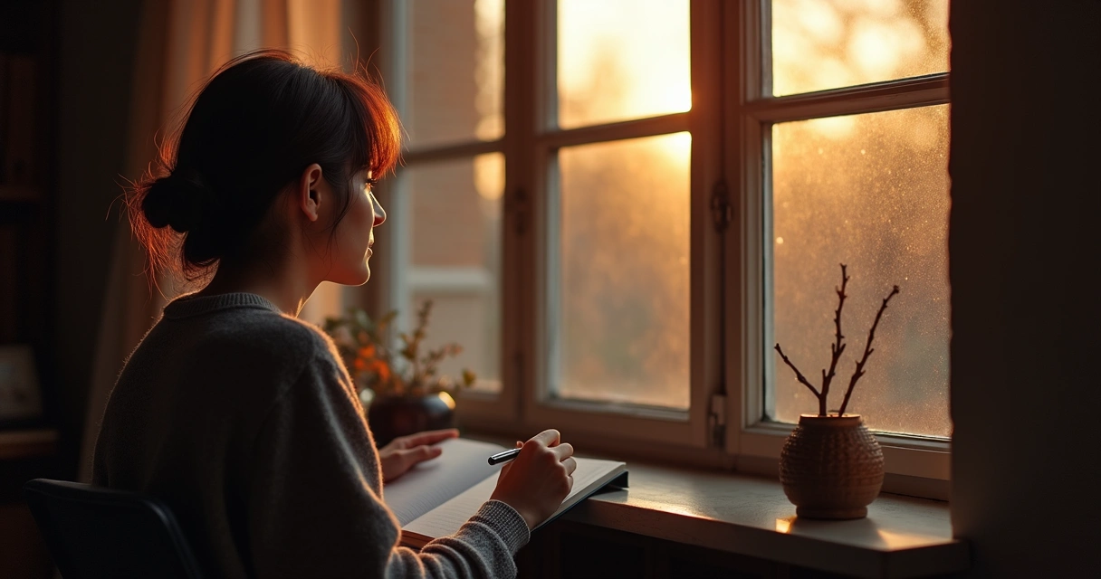 Persona escribiendo en diario durante reflexión personal 