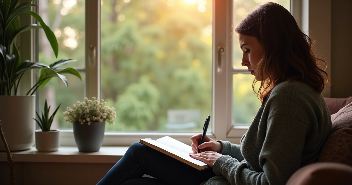 Persona escribiendo en diario mientras mira por la ventana, ambiente tranquilo 