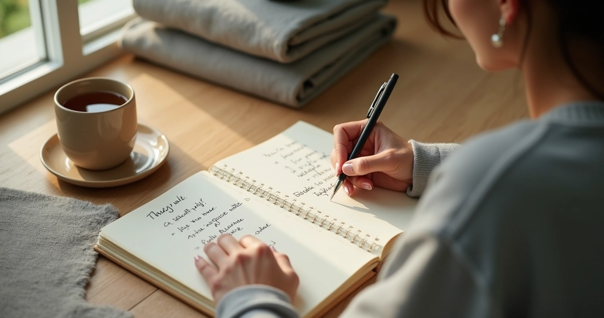 Persona escribiendo emociones en un cuaderno junto a una taza 