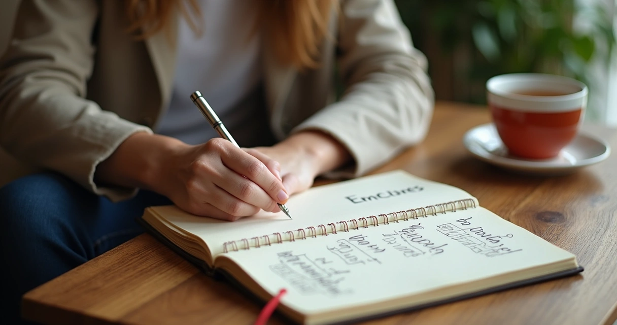 Persona adulta escribiendo sus emociones en un cuaderno 