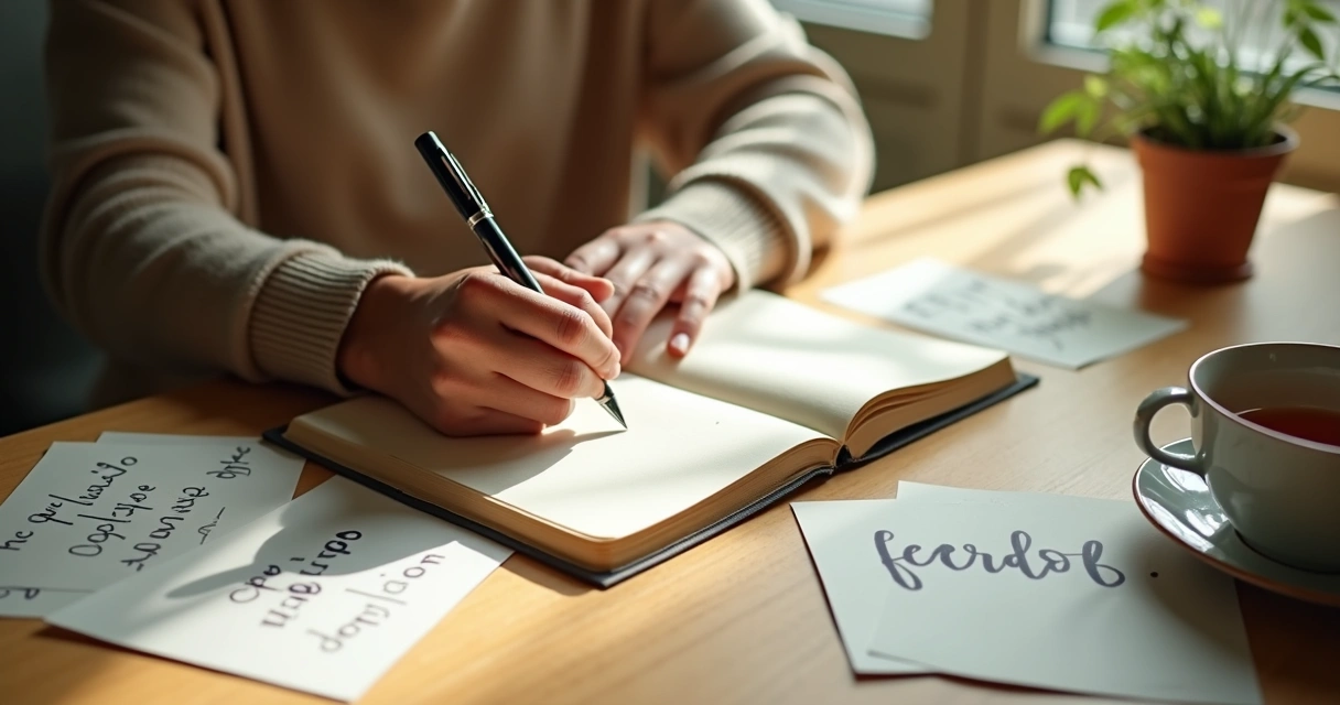 Persona escribiendo emociones en un cuaderno junto a una taza de té