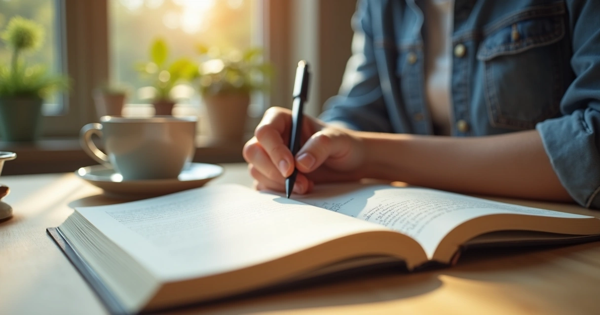 Mano escribiendo en un cuaderno un diario de emociones con bolígrafo y taza de té al lado 