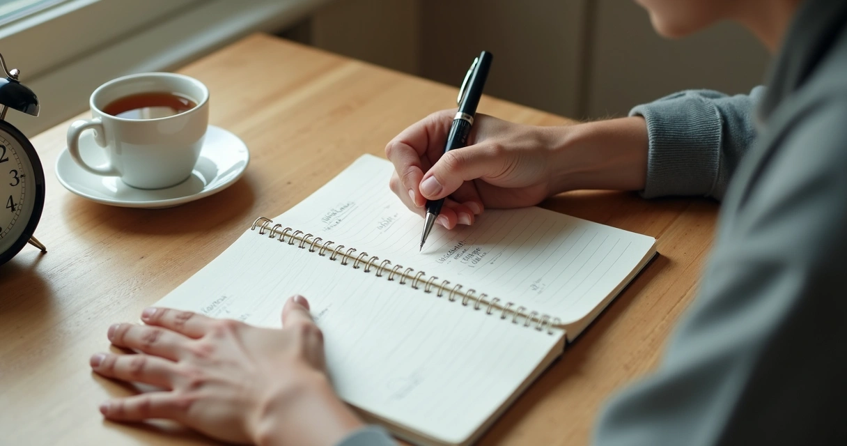 Persona escribiendo límites y tareas en un cuaderno