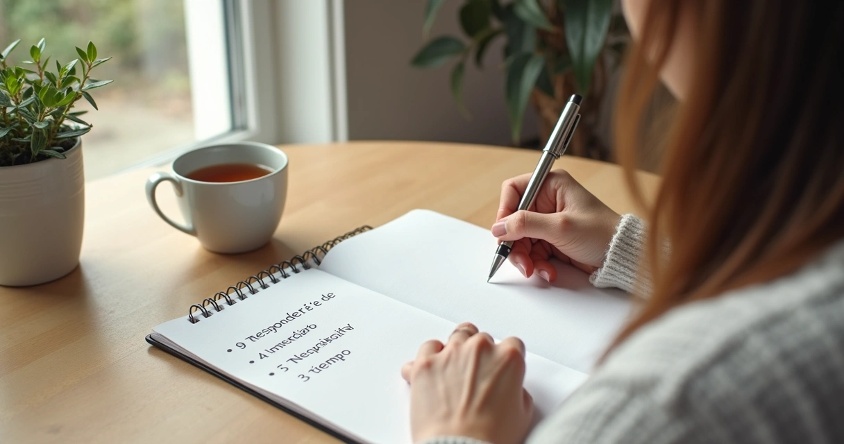 Persona escribiendo límites en un cuaderno sobre una mesa clara