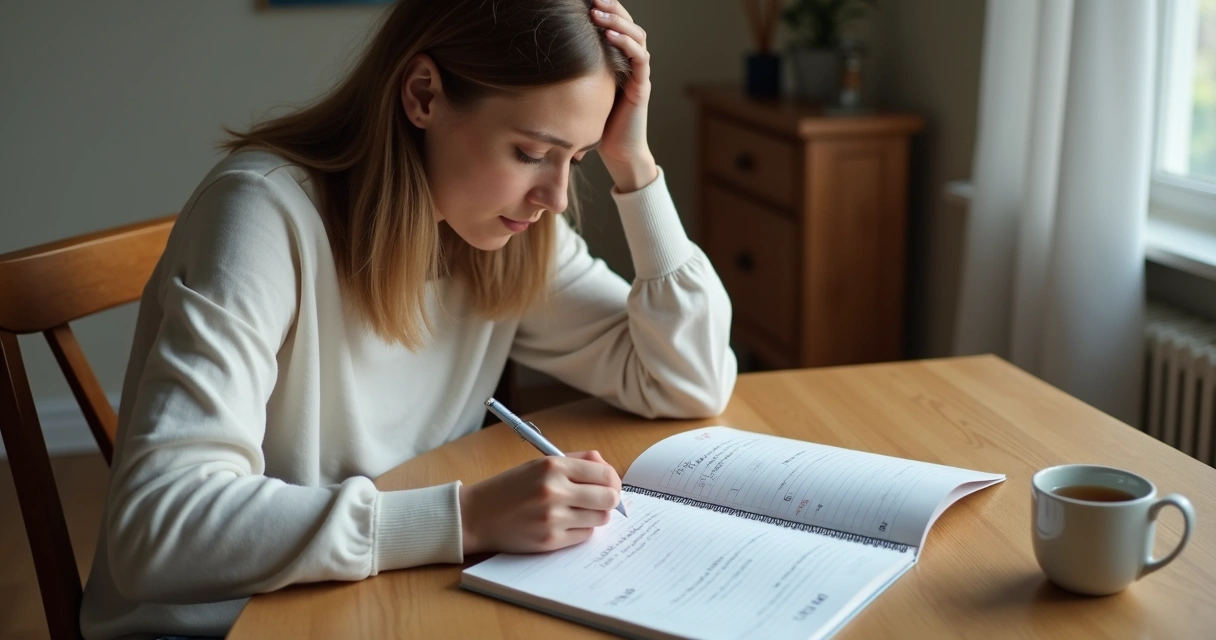 Persona escribiendo en un cuaderno durante una reflexión emocional 