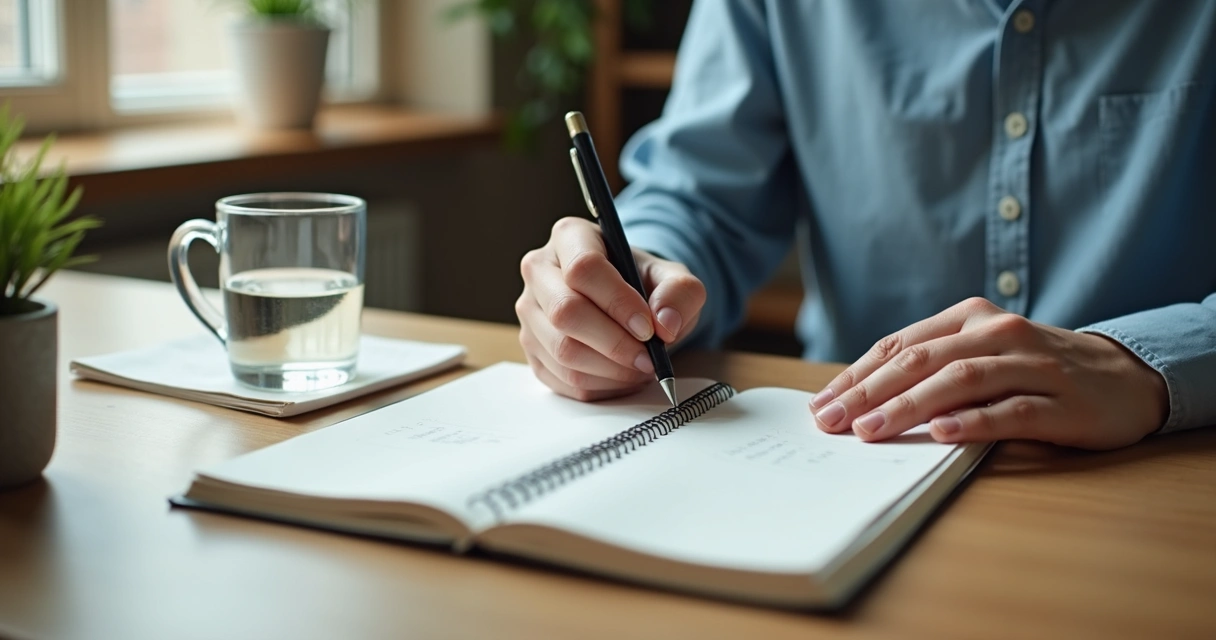 Persona escribiendo reflexiones en cuaderno en oficina tranquila 