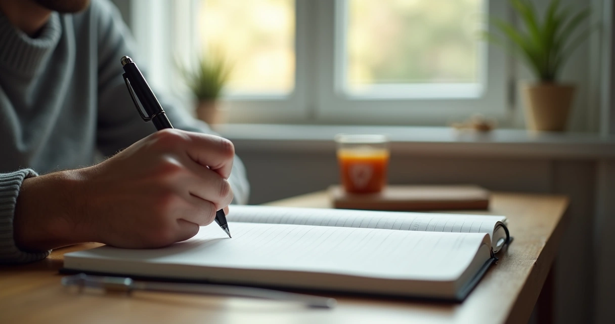 Persona escribiendo en un cuaderno junto a una ventana
