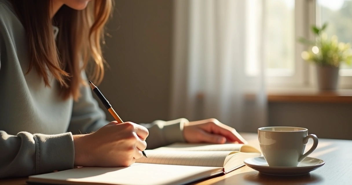 Persona escribiendo en un cuaderno junto a una taza y una ventana 