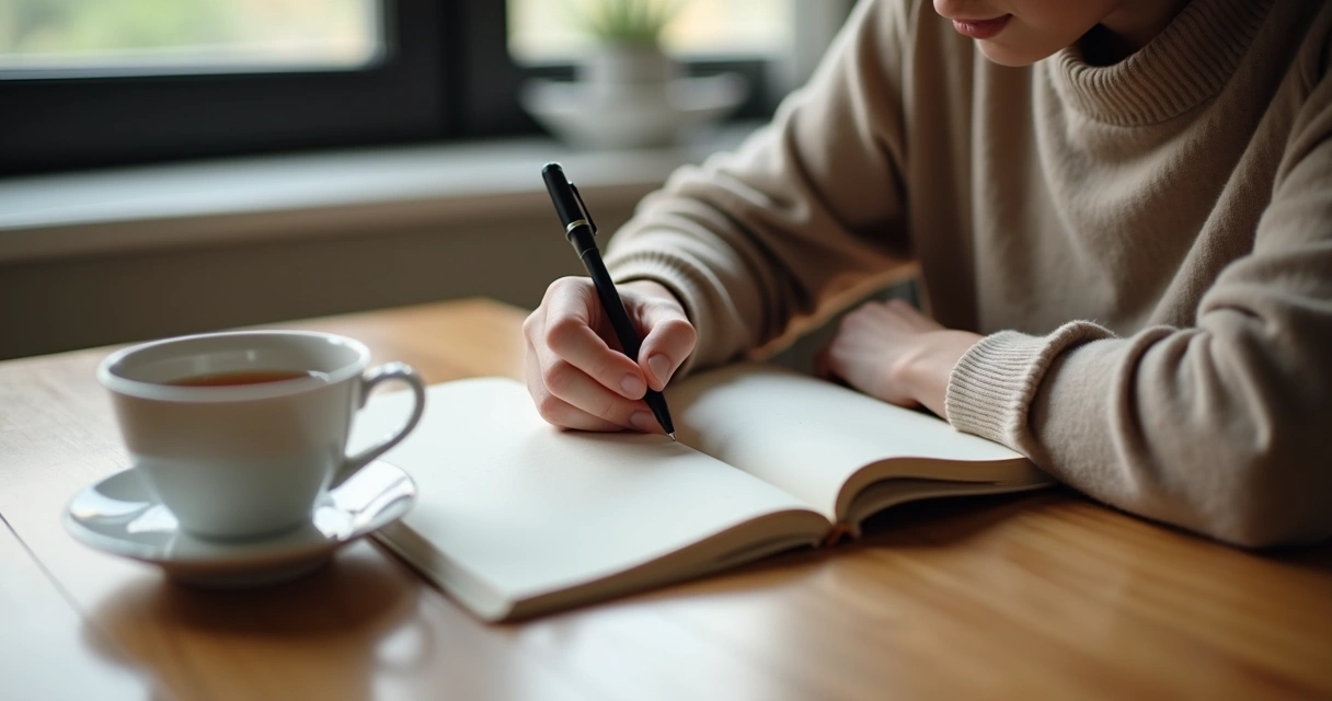 Persona escribiendo notas de reflexión en una libreta junto a una taza 