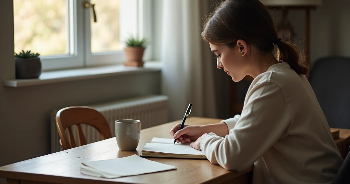 Persona escribiendo en un cuaderno junto a una taza y una ventana 