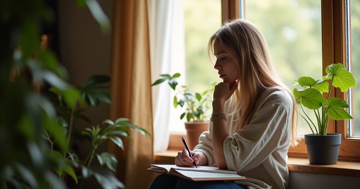 Persona reflexionando y escribiendo en un cuaderno junto a una ventana con luz natural 