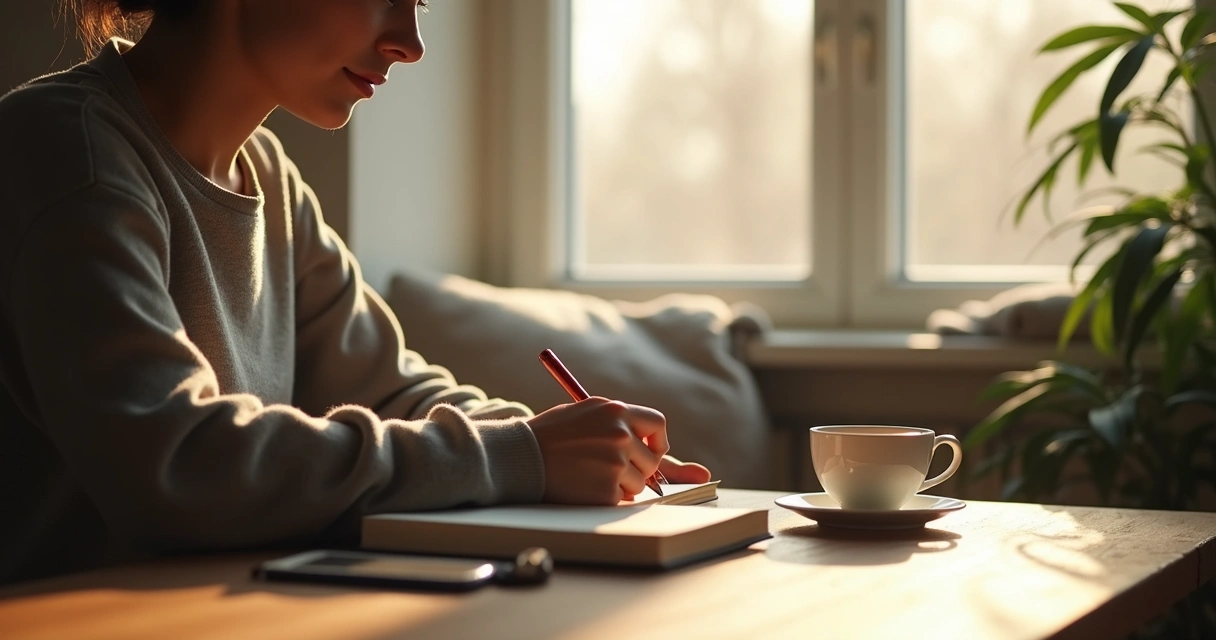 Persona escribiendo en un cuaderno junto a una ventana en silencio 