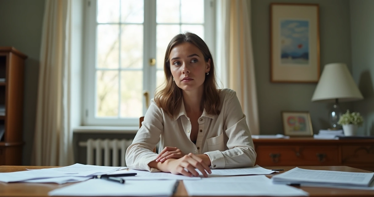 Mujer sentada en escritorio analizando documentos, con expresión de duda 