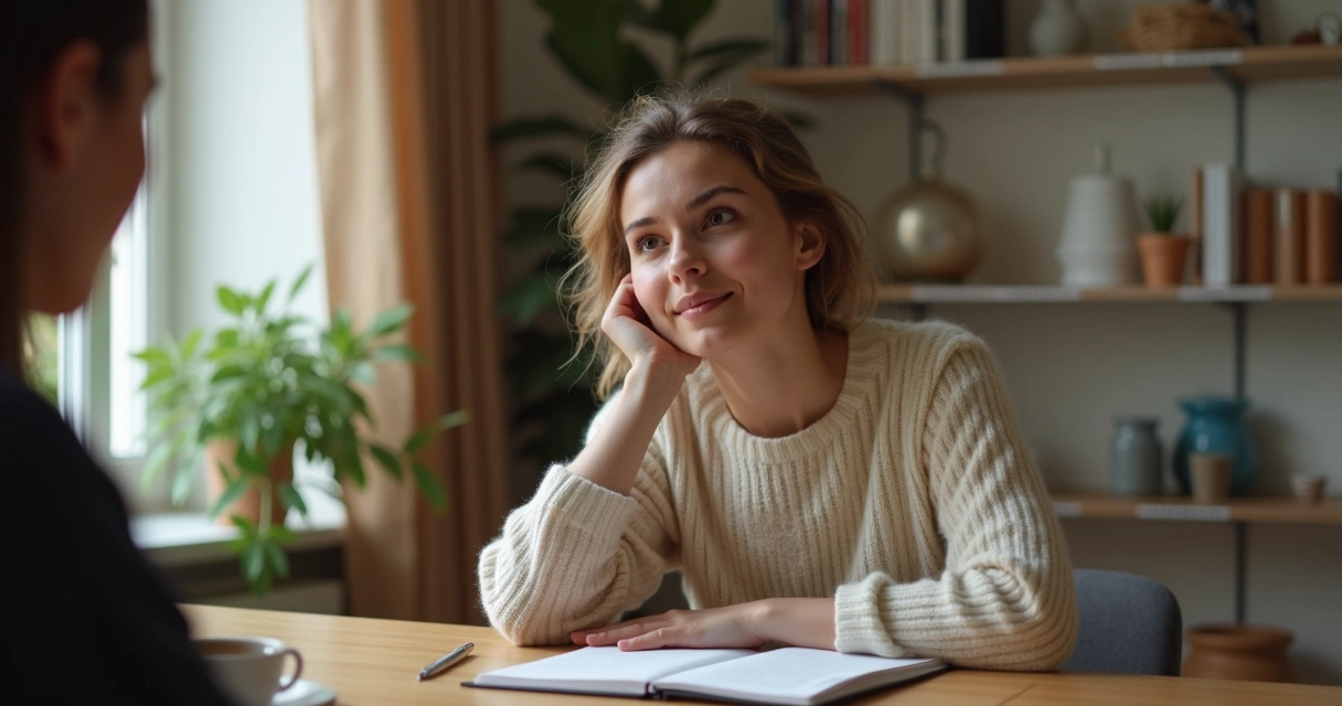 Persona escuchando atentamente en una conversación en un entorno tranquilo 