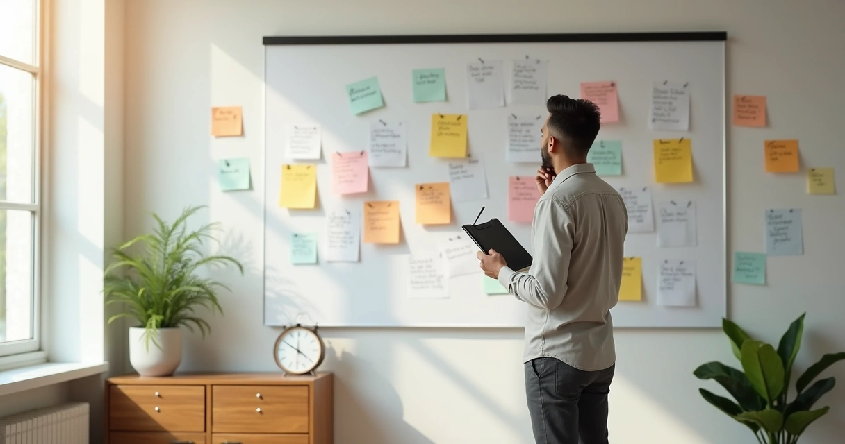 Persona observando en la pared varias notas de feedback de colores 