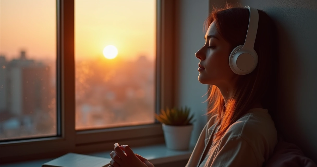 Persona con auriculares junto a una ventana al atardecer