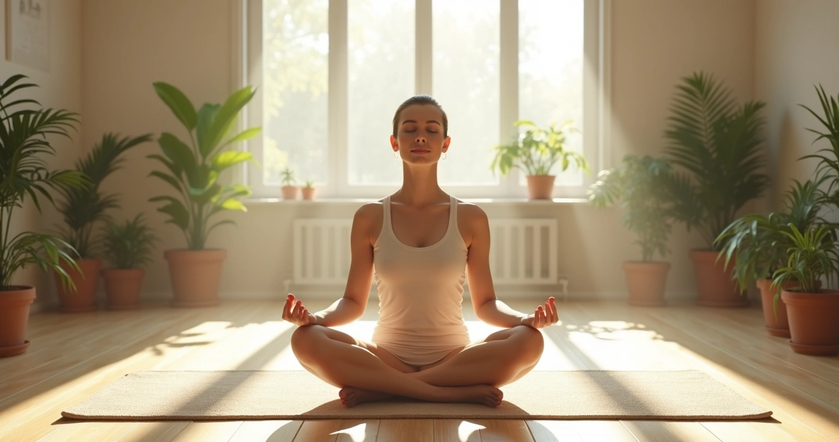 Persona sentada tranquilamente meditando en un espacio iluminado 