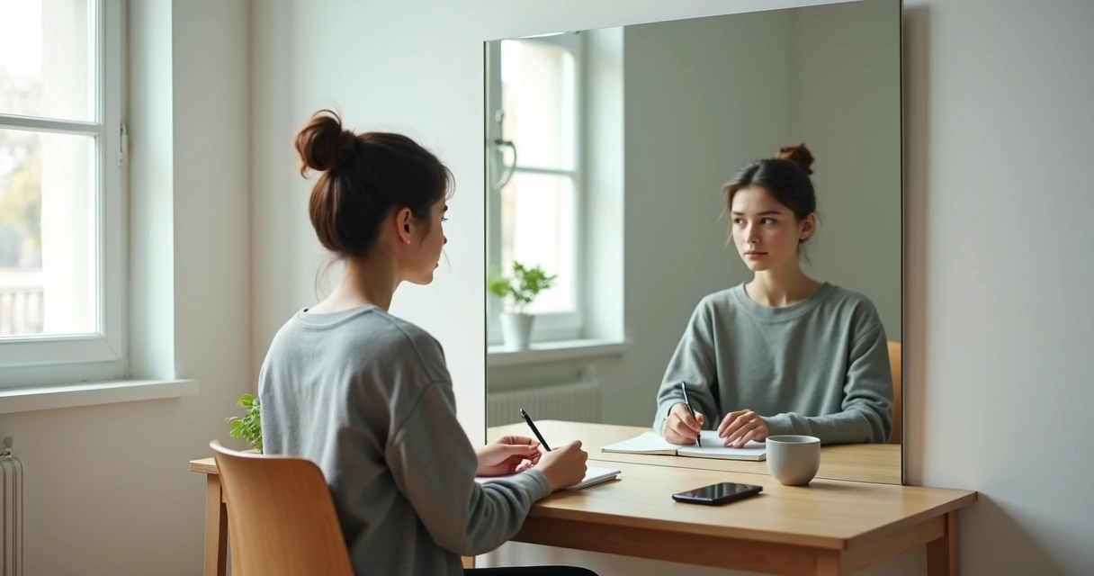 Persona frente a un espejo con dos reflejos que representan la autoevaluación honesta y el autoengaño 