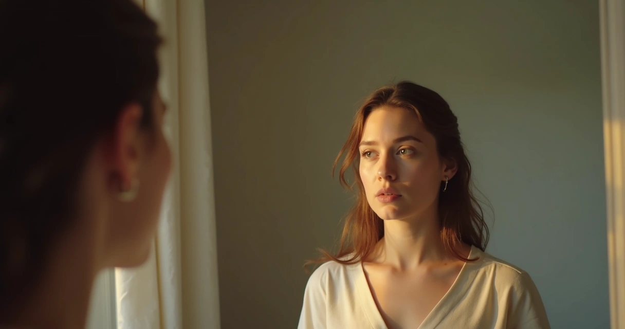 Persona mirando su reflejo en el espejo, pensativa, con luz suave 
