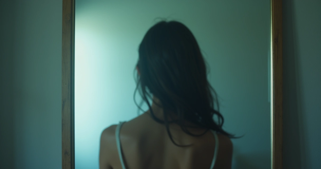 Persona mirando al espejo con reflejo desvanecido 