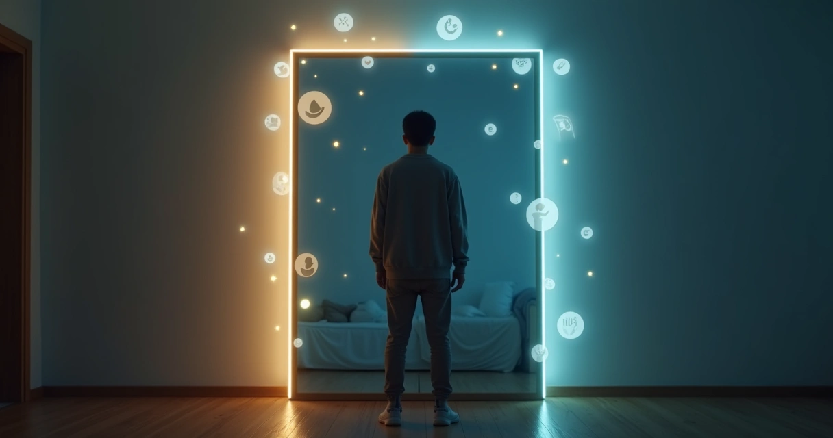 Persona mirando su reflejo nítido mientras sombras de gente y notificaciones rodean el espejo 