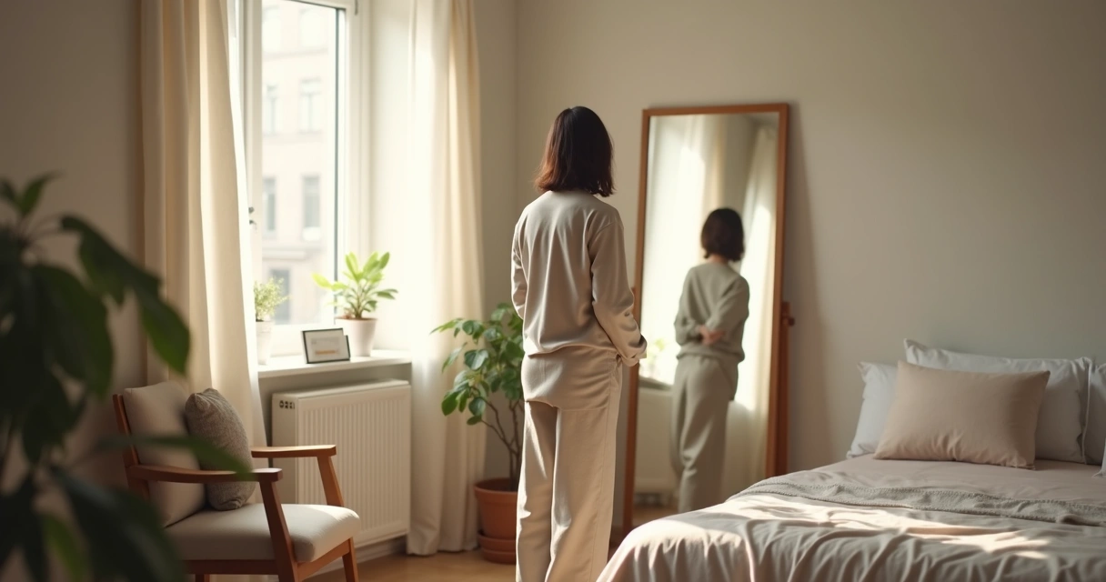 Persona frente al espejo con luz suave en dormitorio