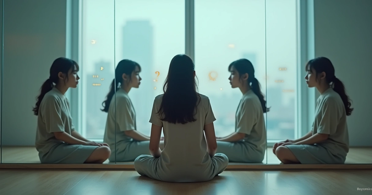 Persona mirando su reflejo fragmentado en un espejo mostrando diferentes versiones de sí misma 