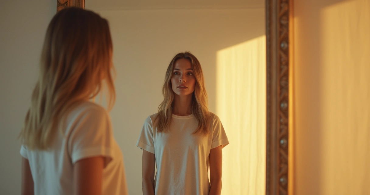 Persona mirando su reflejo en un espejo grande 