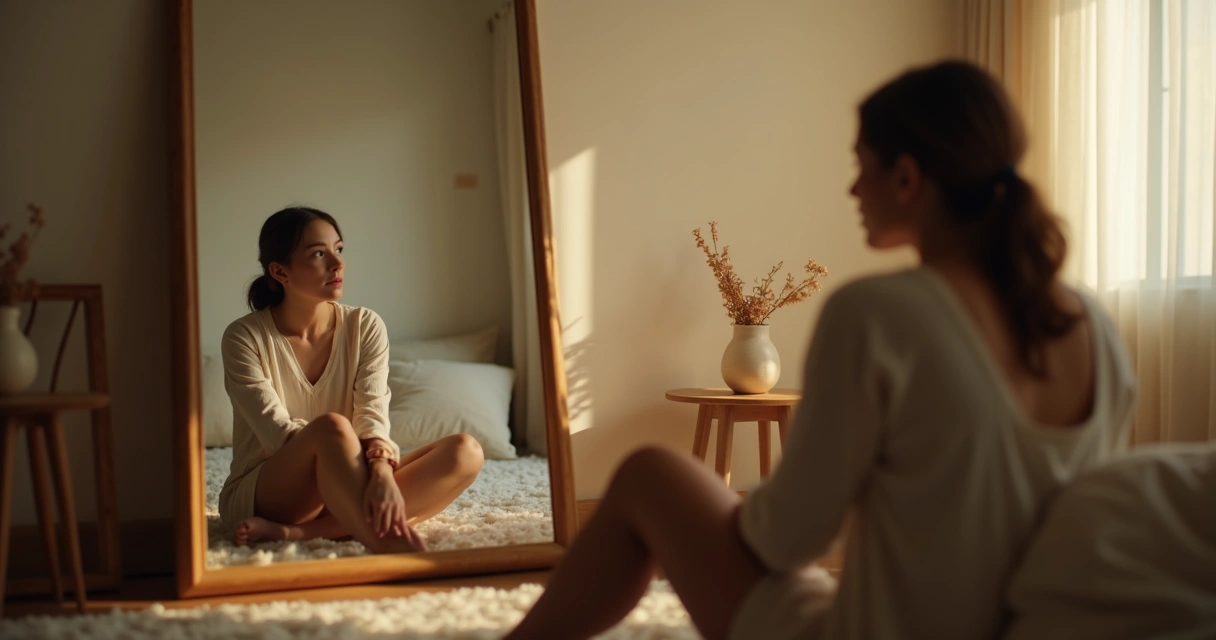 Persona reflexionando frente al espejo en una habitación tranquila