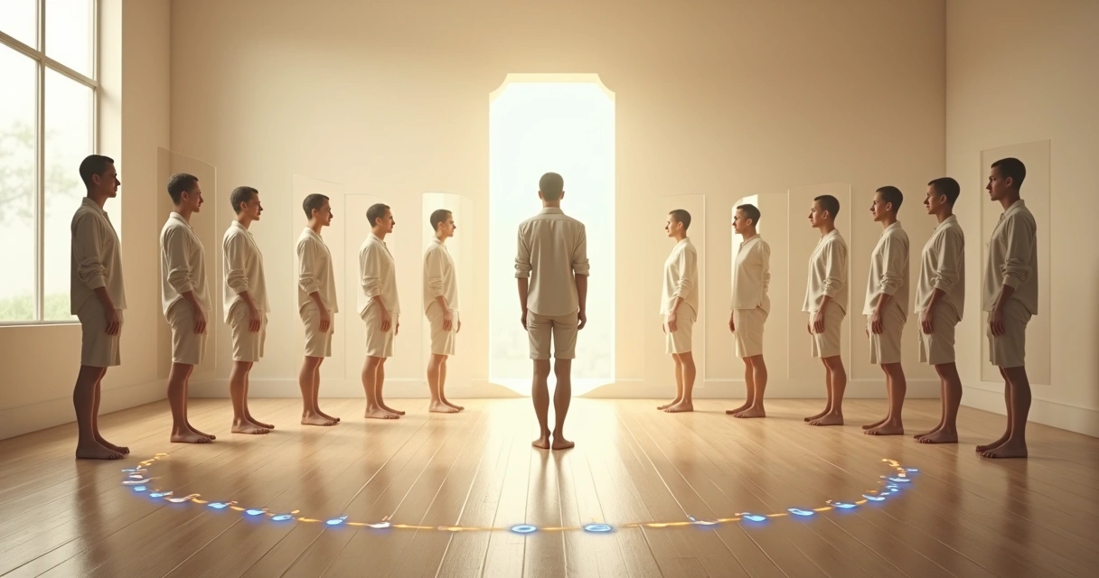 Persona observándose en varios espejos que reflejan diferentes aspectos de sí misma 