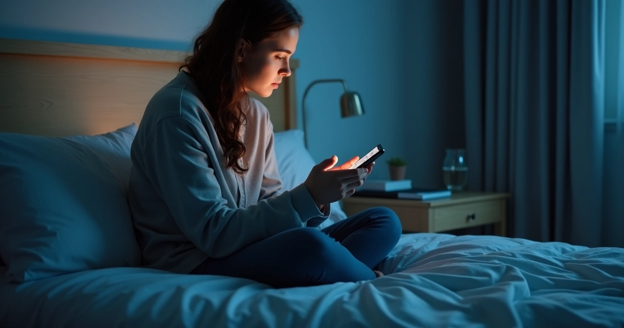 Persona mirando el teléfono en una habitación tenue