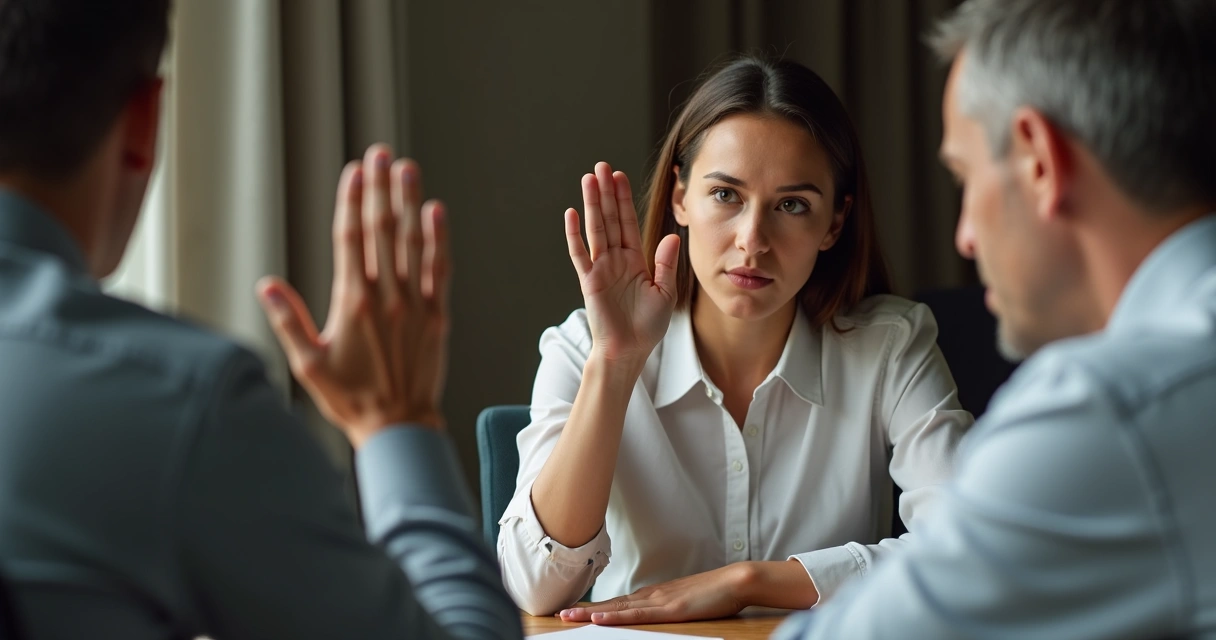 Persona colocando la mano y marcando límite en discusión 