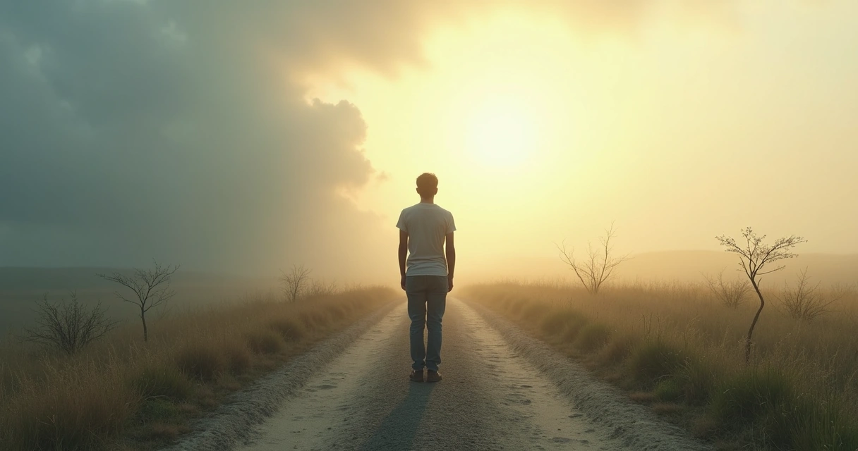 Persona sola en un paisaje dividido entre claridad y oscuridad representando estancamiento emocional 