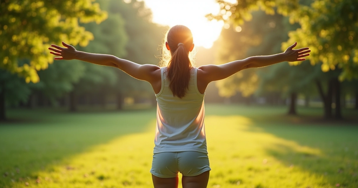 Persona estirando los brazos en un parque soleado 