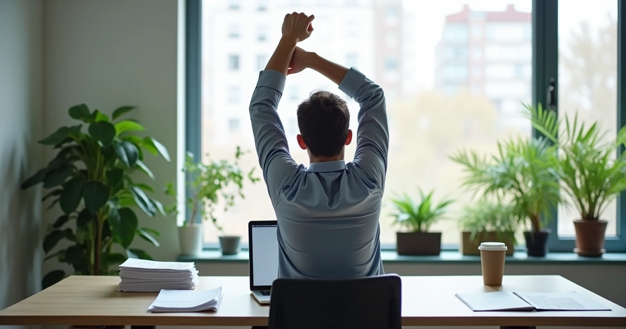 Persona estirando brazos sentada en oficina moderna