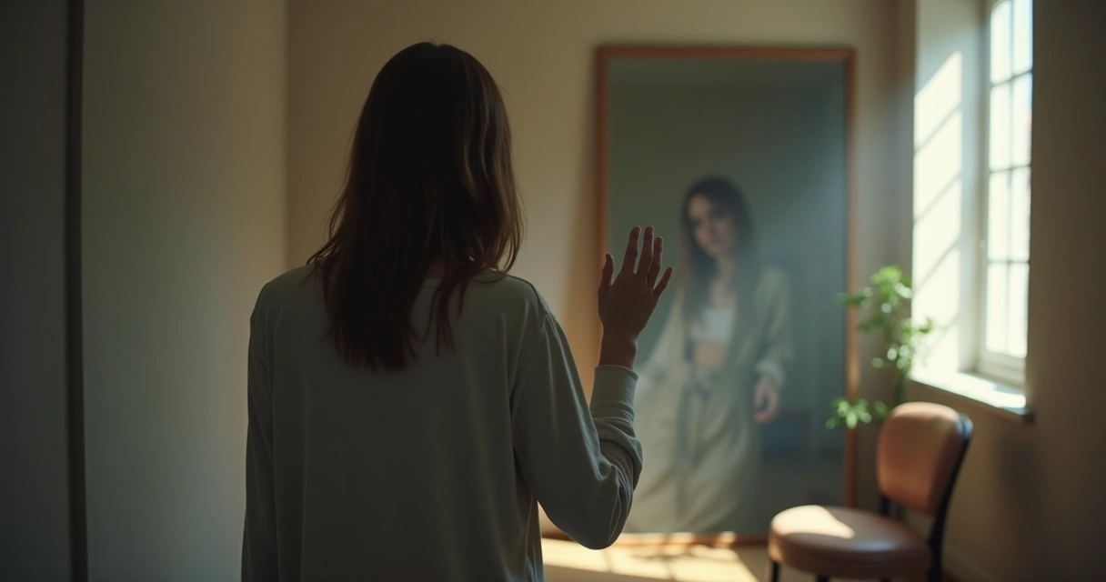 Persona frente a un espejo con el reflejo borroso dudando de mirarse 