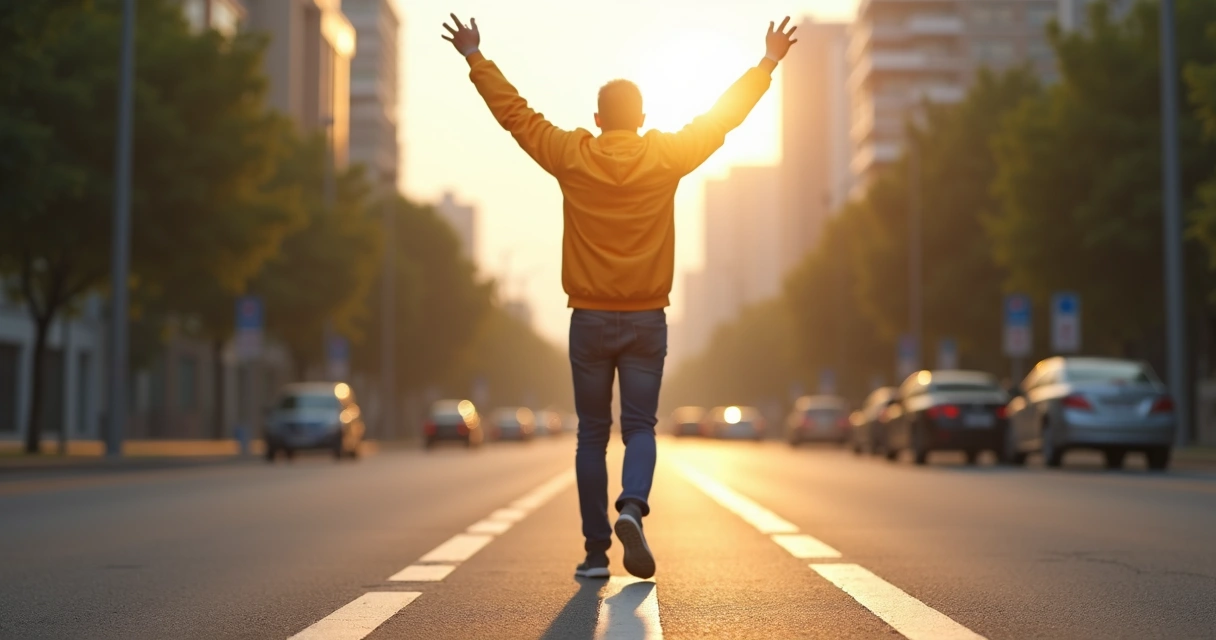 Persona levantando los brazos, superando una línea marcada en el suelo. 